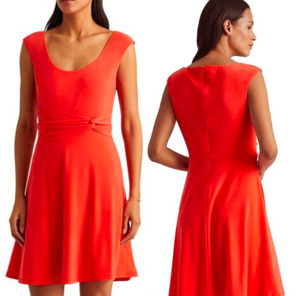 ☀️ Ralph Lauren Women's Scoop Neck Jersey Dress Red Size 2 Twist Knot Flare - Picture 1 of 11